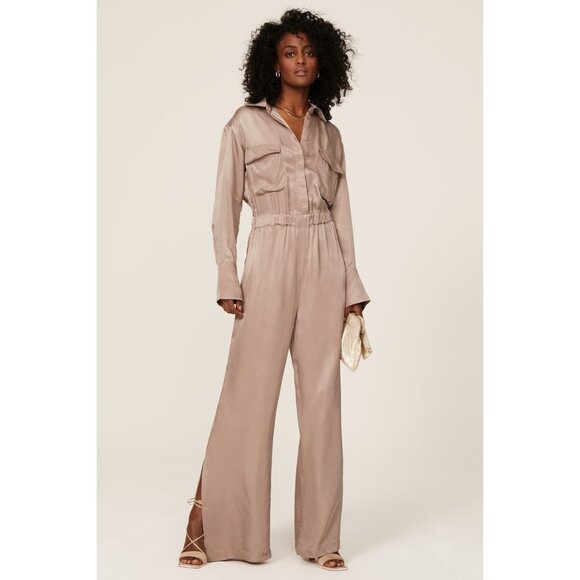 Nicholas Emma Brown Satin Collared Long Sleeve Jumpsuit Women's Size 8 - Picture 1 of 14